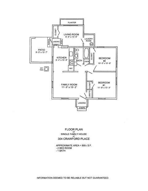 Floor plan for 2 beds, 1 bath, 864 sqft
